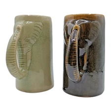 Vintage Pair Thai Celadon Stoneware Mugs Trunk Up Lucky Elephant 16floz
