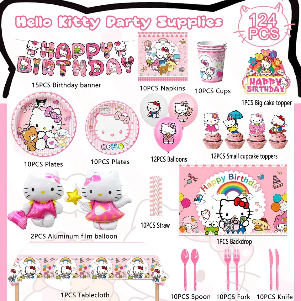124pcs Hello Kitty Party Decoration Pink Girl Hello Kitty Party Supplies Balloon - Image 2 of 4