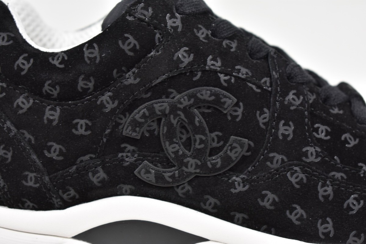 Chanel 22A Black Suede Printed CC Logo White Flat Runner Trainer