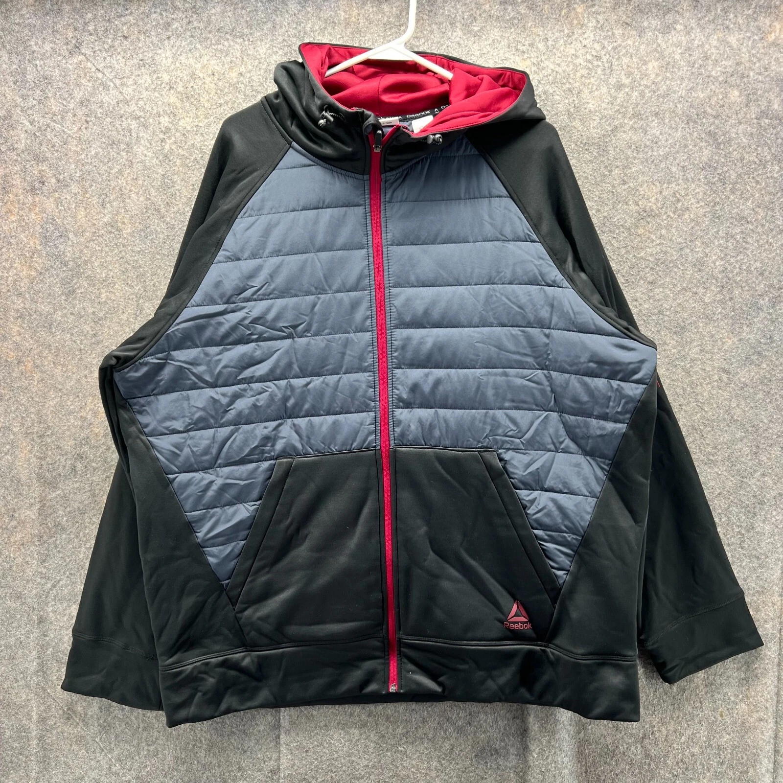 Reebok Jacket Mens 2XL Black Blue Full Zip Hoodie Hybrid Knit Quilted fill XXL