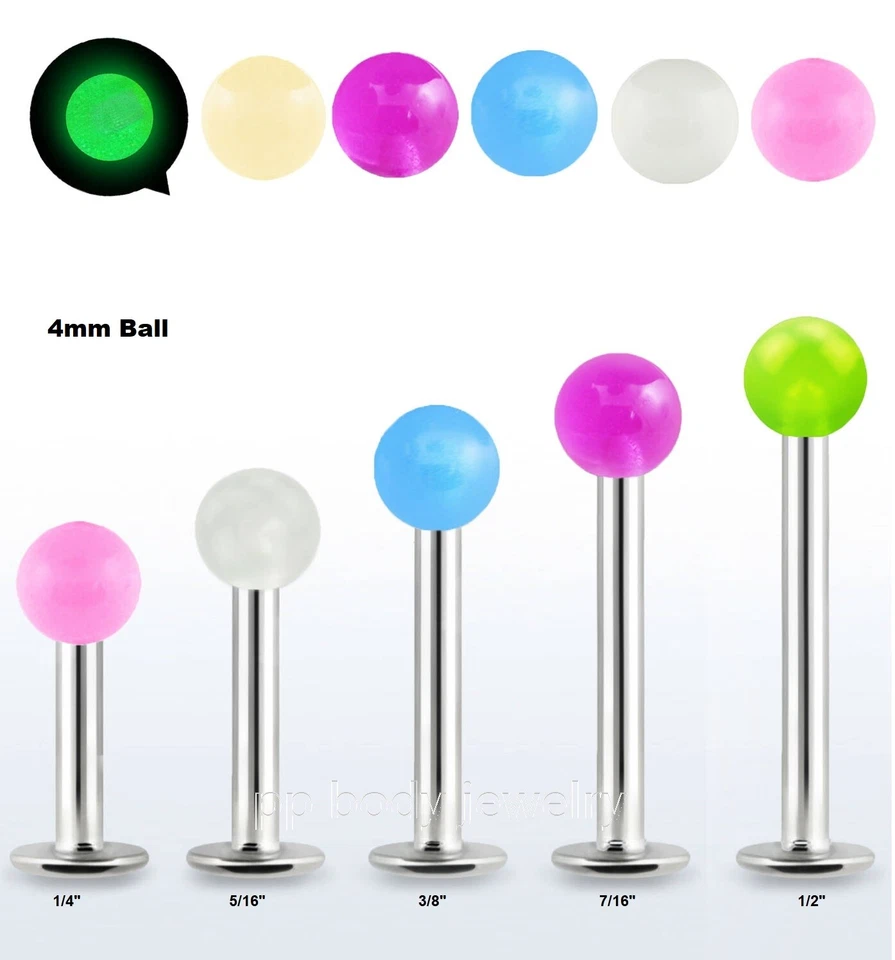 2 шт. 14G 4 мм 5 мм зарево в темноте мяч верхний хирургическая сталь Labret Tragus гвоздики - Изображение 2 из 3