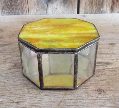 Vintage Brass and Glass Hexagon Vanity Box Trinket Box Jewelry Box