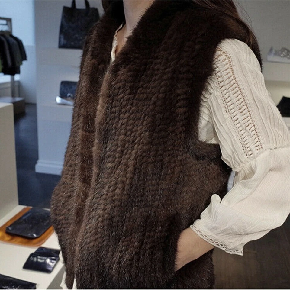 100% Real Genuine Knitted Mink Fur Vest Gilets Waistcoat Coat Warm Women Jacket - Image 3 of 4