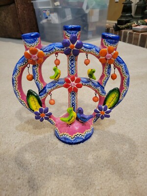 Vintage HANDMADE Mexican Tree of Life Pottery Candelabra Sculpture BEAUTIFUL 