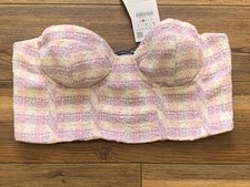 Zara Bustier Corset Top Women Large Pink Purple Tweed Plaid Crop Strapless