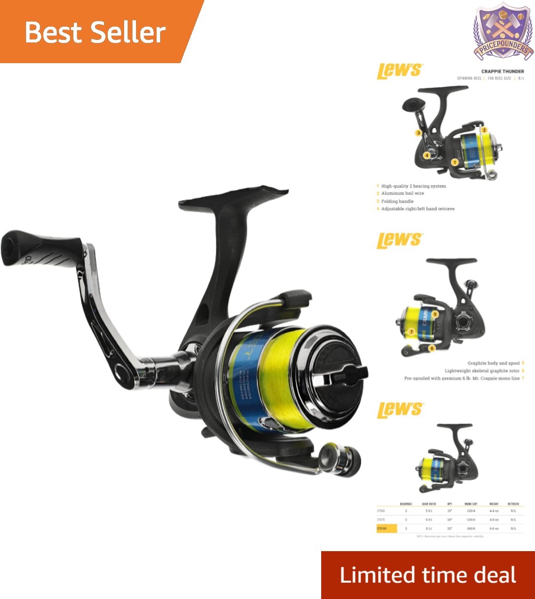 Crappie Spinning Reel Graphite 100 Size 2 Bearings Aluminum 