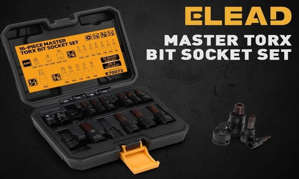 16PC Torx Bit Socket Set T8-T60 1/4” 3/8” 1/2” Drive w/ Socket Adapters S2 Steel - Image 2 of 4