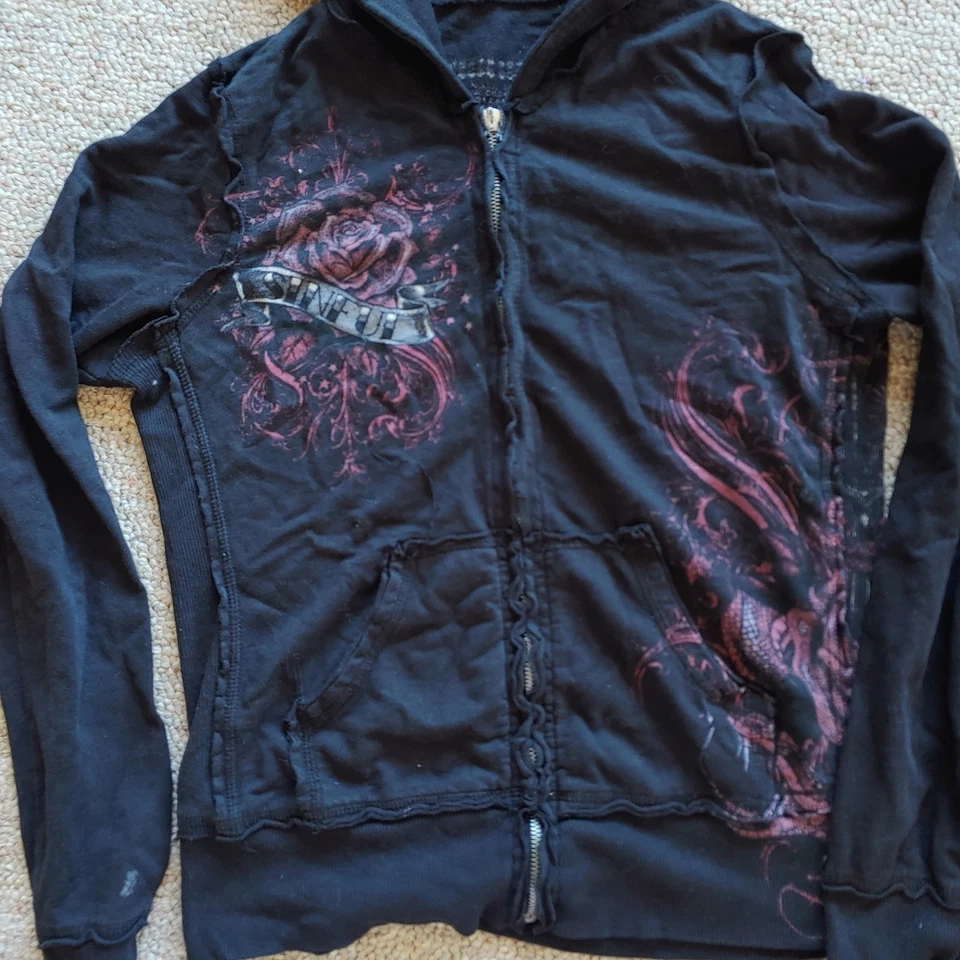 Vtg Y2k Black Sinful Affliction 2 Piece Tracksuit Set Zip Up Hoodie Rose & Snake - Image 2 of 4