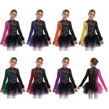 Kids Girls Dancewear Tulle Skirt Figure Skating Dresses Contemporary Leotard