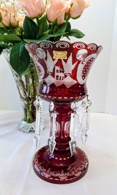 Antique Bohemian Ruby Mantle Luster W/ Crystal Prisms, Cut To Clear/ Etched