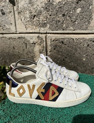 Gucci White Leather Ace Loved Print Low Top Lace-Up Sneakers Sz US 7