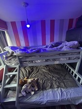 Grey Wooden Single Bunk Bed Frame with Ladder for Children, Rectangular