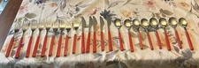 Vintage Lot Of 22 Pc Red Lucite Handle Stainless Flatware Silverware MCM Taiwan