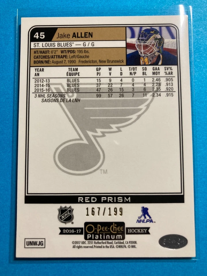 2016-17 O-Pee-Chee OPC Platinum Red Prism #45 Jake Allen 167/199 - Image 2 of 2