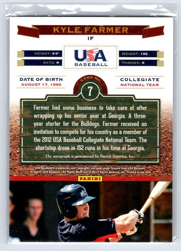 Kyle Farmer 2012 Panini USA Baseball #7 Collegiate National Team Signatures - Picture 2 of 2