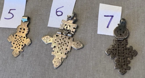 PICK Vintage Ethiopian Jointed Coptic Cross Charm Pendant Silver Tone Tribal 3" image 7
