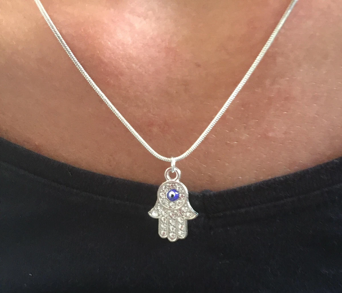Hamsa Pendant Necklace Silver Blue Hand of God Lucky Charm