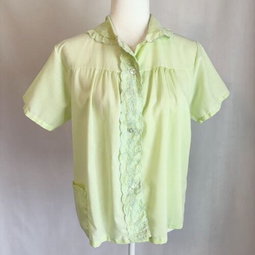 VTG 60s 70s Mint Green Cotton Lace Pajama Set Button Up Shirt Pants Small Medium - Picture 2 of 17