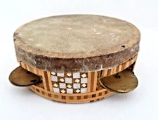 Vintage Tambourine Percussion Instrument  Leather, Wood, Metal & Mother of Pearl