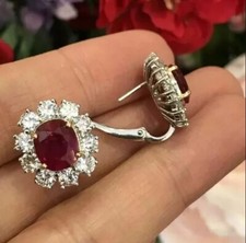 3.00 CT Oval Cut Lab-Created Red Ruby Halo Stud Earrings 14K White Gold Plated