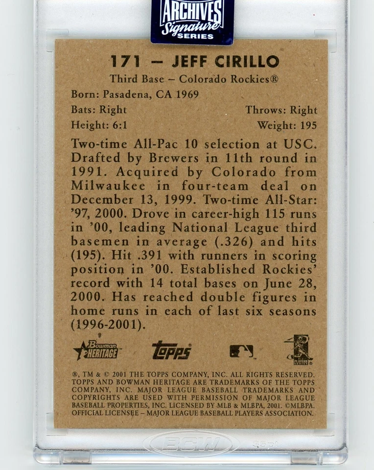 Topps Archives Jeff Cirillo Rockies 2020 en '01 Bowman Heritage #/64! Bonito auto! Foto 2 de 2
