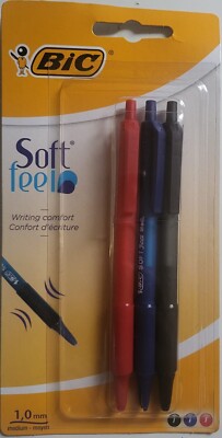 NEW 3 PACK Soft feel BIC 1.0mm Black, Blue & Red Pens