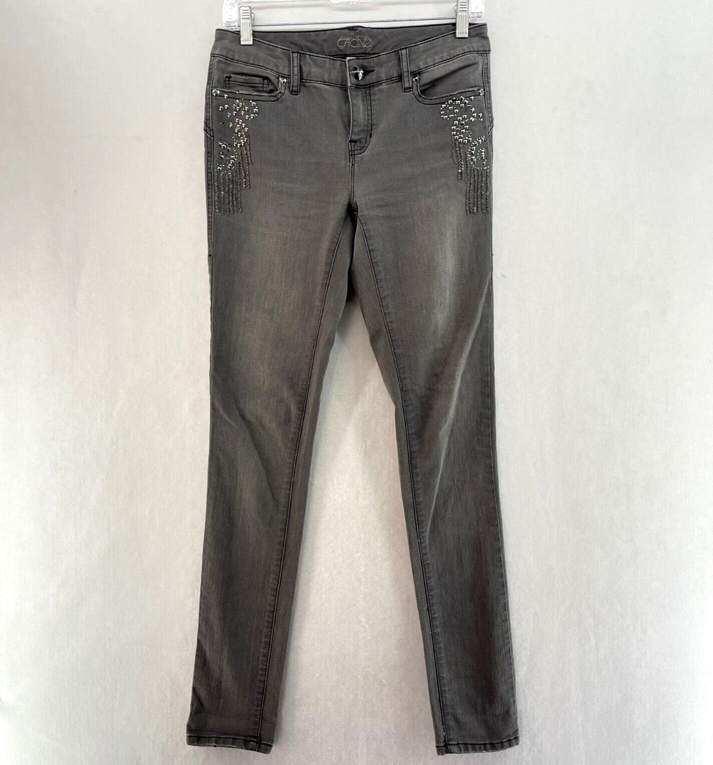 Women's Sz 2 Gray Rhinestone Studded Skinny Jeans Slim Fit Stretch Denim-image