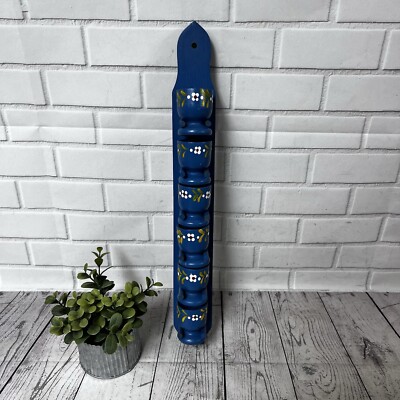 Vintage 6 Wood Painted Egg Cups Wall Rack Holder Display 15  Blue Kitchen Decor
