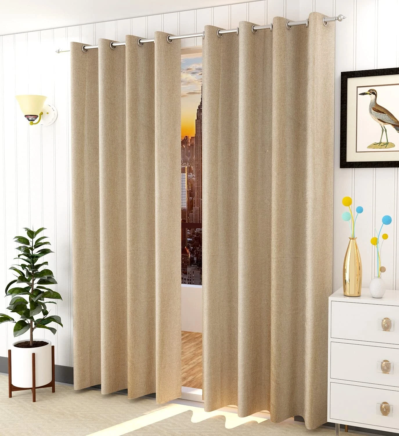 Pack Of 2 Pcs Jute Curtains for Door 7 Feet Long with Eyelet Ring Beige