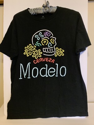 Cerveza Modelo Neon Sugar Skull T Shirt Mens Black Med Soft Day Of the Dead NWOT