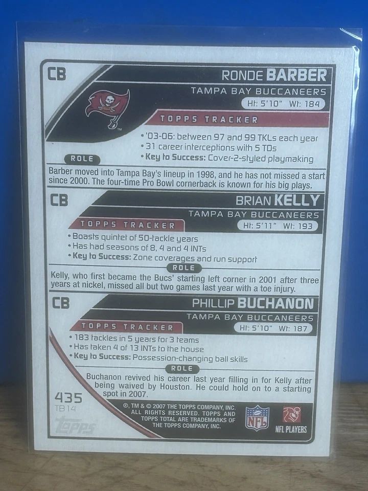 2007 Topps Total - 1st Edition #435 Ronde Barber, Phillip Buchanon, Brian Kelly - Image 2 of 2