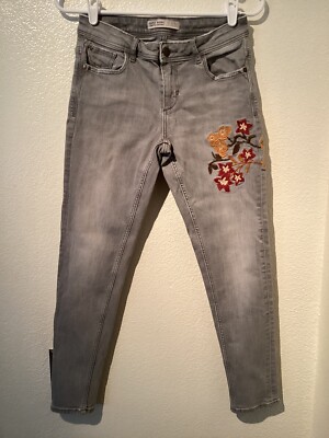 ZARA BASIC DENIM women's junior sz 4 gray jeans embroidered straight leg stretch