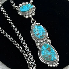 24” Kingman turquoise Necklace 5, Sterling Silver Rolo Chain Tom Lewis Navajo