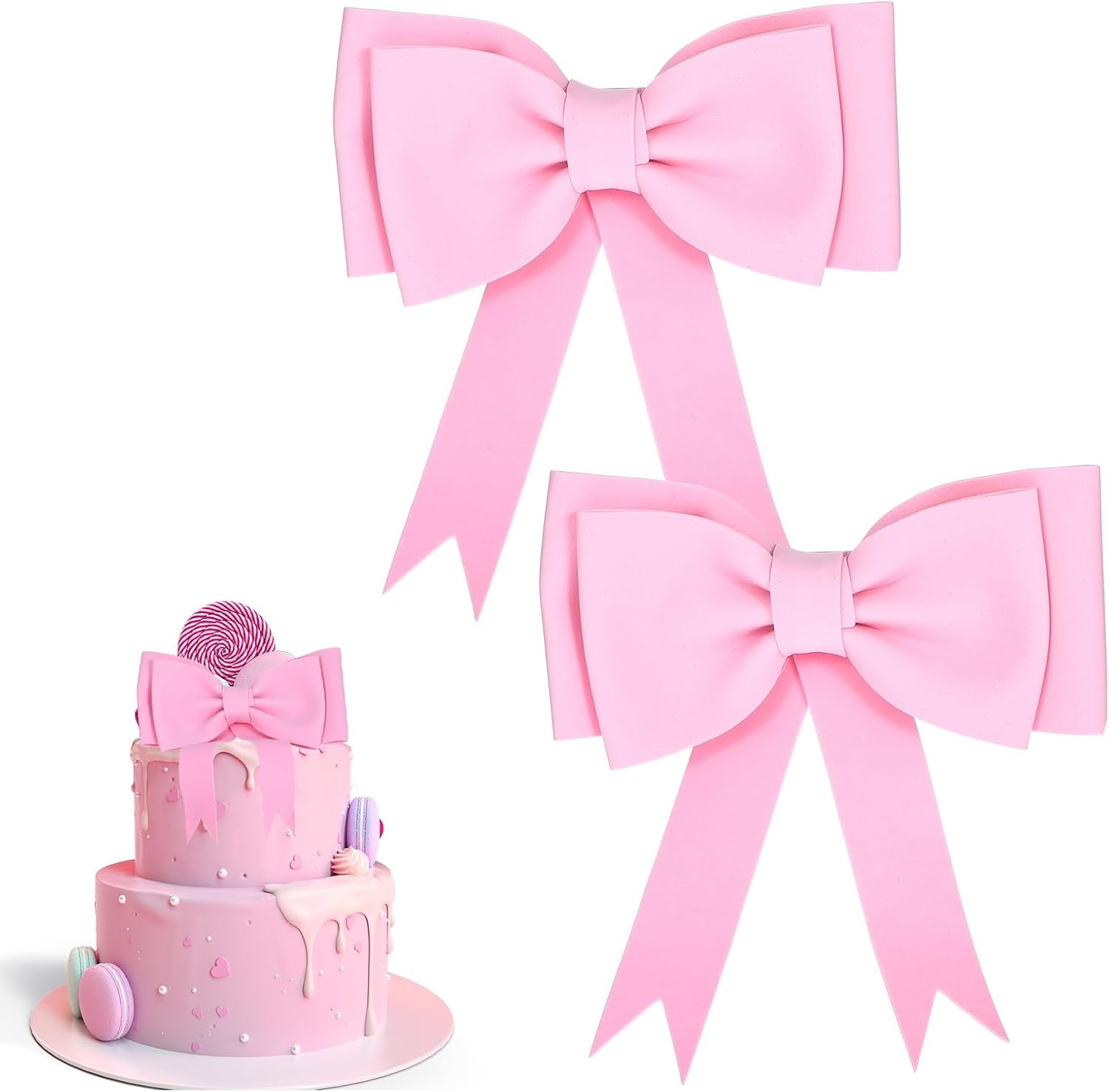 2 PCS Cake Bows Pink Bow Cupcake Toppers Bows for Cake Pink Bow Cakes Topper Bo