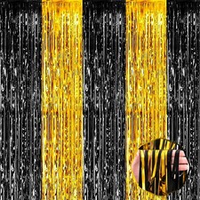 6 Pack Black Gold Foil Fringe Curtain Backdrop 3.28Ftx9.8Ft Metallic