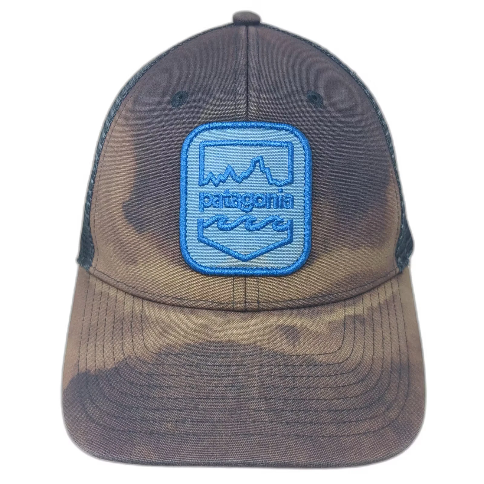 Patagonia Trucker Hat Brown Blue OS Mesh Snapback Embroidered Mountain Patch