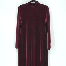 Vtg 90s Deep Red Stretch Velvet Long-Sleeve Mock Neck Column Dress - Size 8