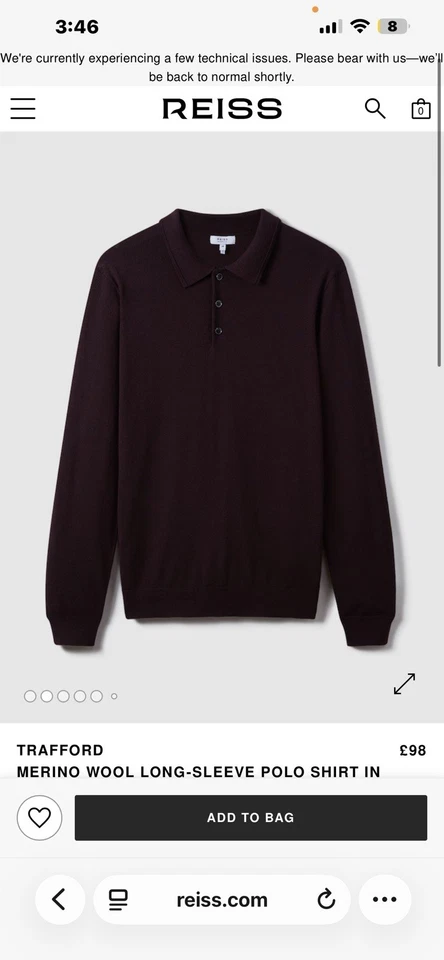 REISS TRAFFORDMERINO WOOL LONG-SLEEVE POLO SHIRT IN DARK BORDEAUX•size L - Image 2 of 4