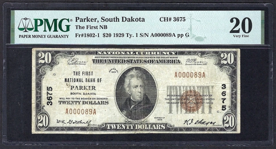 🇺🇸 SD 1929 $20 ♚♚ PARKER, SOUTH DAKOTA ♚♚ PMG VERY FINE 20 SCARCE - Image 2 of 3
