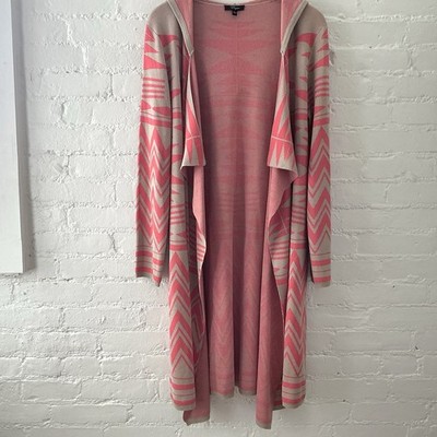 Cupio Aztec Print Long Cardigan Duster Open Tan Coral Boho Western Hooded Size L