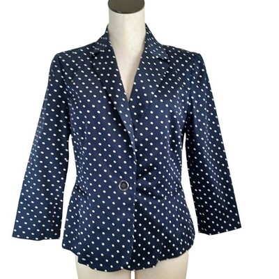 Sandro Studio Navy Blue White Polka Dot Single Button Blazer Jacket Women Size M