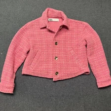 ZARA Women’s Cropped Jacket Size XS Pink Tweed Gold Buttons Elegant Cotton Blend