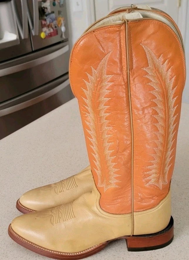 Vintage Tony Lama Texas Western Cowboy Boots Brown Leather Orange Stitching 7D Orange Western Tony Lama Boots for Men for Sale | Shop New  main image 3