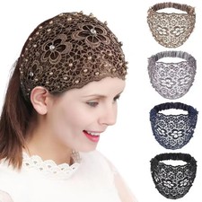 Women Hollow Headband Flower Rhinestone Pearl Hair Band Elastic Holder