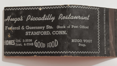 Hugos Piccadilly Restaurant Stanford Conn. Good Food Vintage MatchBook
