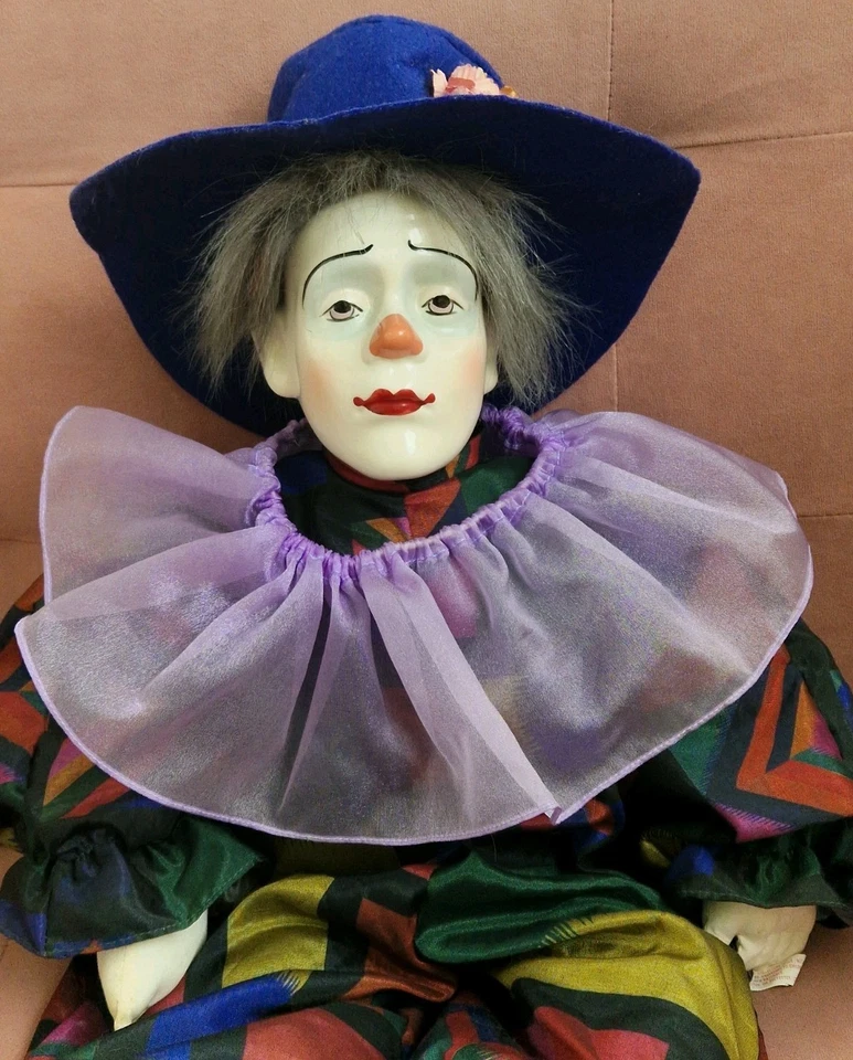 Selten Großer Sammler Clown 65 cm Porzellankopf Stoffkörper Harlekin Vintage - Bild 1 von 4