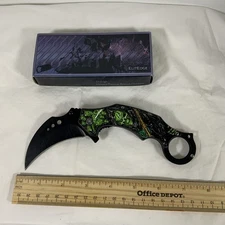 7” Elite Edge Green Zombies Skulls Hook Blade With Belt Clip Liner lock