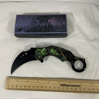7  Elite Edge Green Zombies Skulls Hook Blade With Belt Clip Liner lock