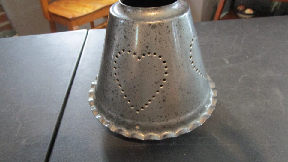 GRAY TIN PUNCHED METAL CANDLE JAR SHADE HEARTS - Image 2 of 4