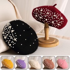 Women Fancy Pearl Rhinestone Wool Beret Cap French Girls Warm Beanies Hat Chic